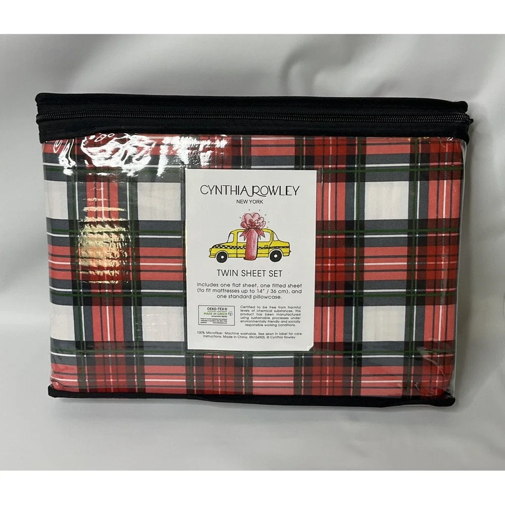 Cynthia Rowley Twin Sheet Set Red Tartan Plaid Microfiber Sheets NEW‎
